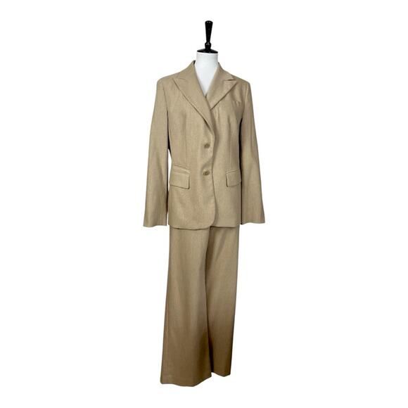 LOFT Pant Suit Blazer Peak Lapel Camel Tan Wool Blend Lined Women’s Size 12 - Picture 1 of 15